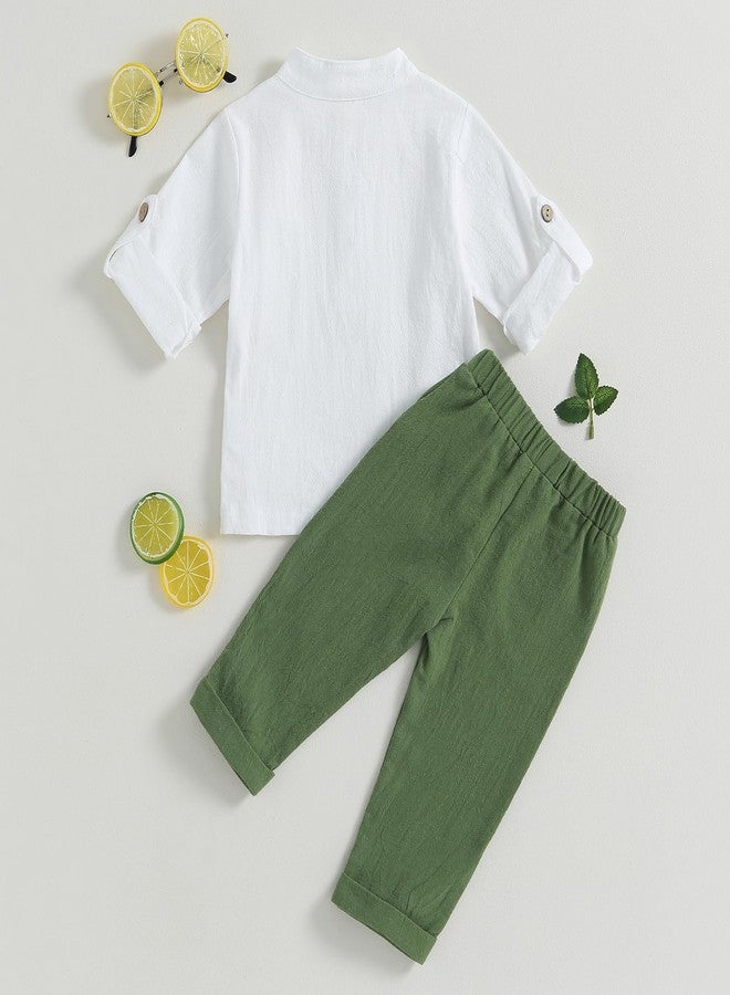 Karuedoo Toddler Baby Boy Clothes Cotton Linen Henley Shirts Button Down Long Sleeve Shirts Casual Pants Set (A-White Green, 18-24 Months) - Image 3